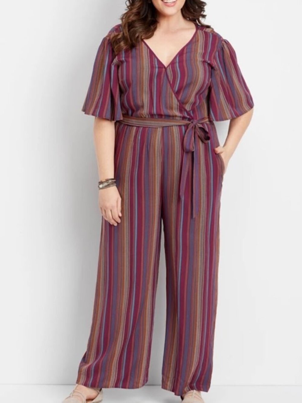Maurices Striped Jumpsuit Wide Leg Flutter Sleeve Womens Large NWT